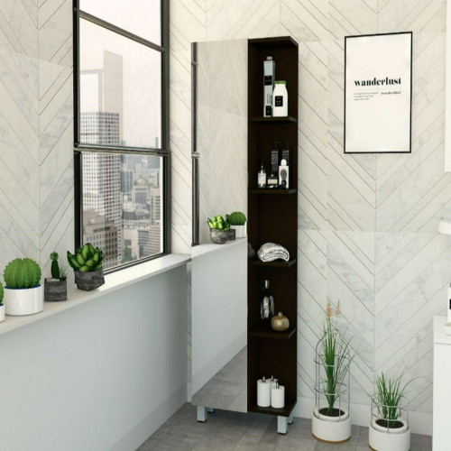 Mirror Linen Cabinet Reno,Four Interior Shelves, Black Wengue Finish