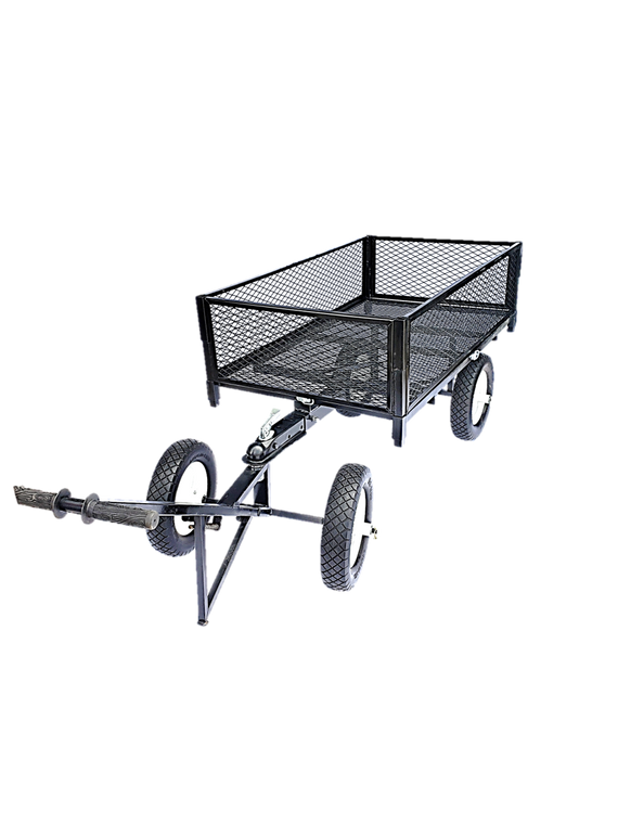 Made of 100% steel welded construction.  Includes 15" no-flat wheels.  The Cart and Dolly set comes with tie downs on the sides, 12" sides and end , an adjustable hitch coupler, and the steel constructed dolly.