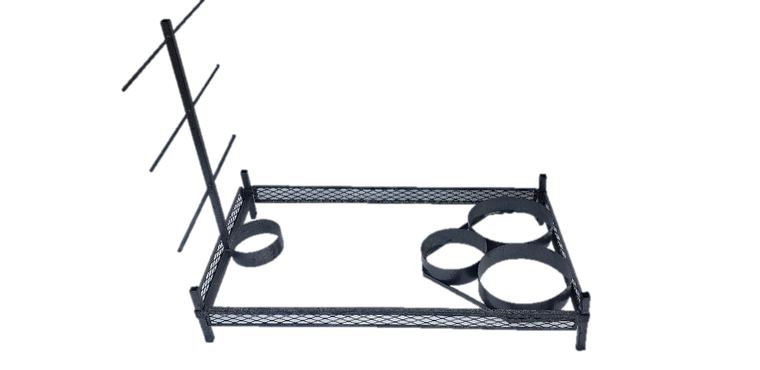 (1) small wire tree with (1) 8" ring for nitrogen tank. (2) 13" bucket rings to hold reclaiming tanks (1) 10" ring to hold Freon tank 3" sides and ends