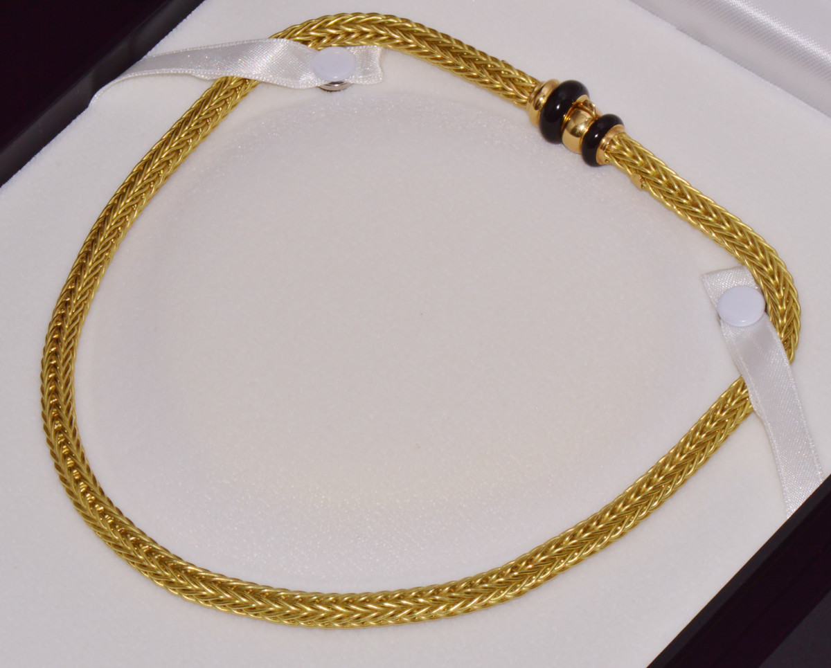18K Solid Gold Italian Woven Braided Necklace with Black Enamel Accents – 49.1g