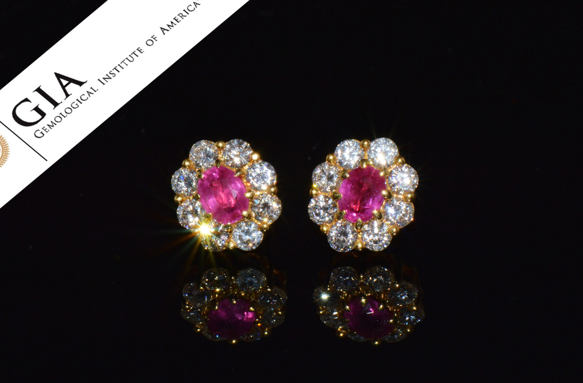 GIA Natural 2.12CTS VS F Diamond Madagascar Ruby 18K Gold Cluster Halo Earrings