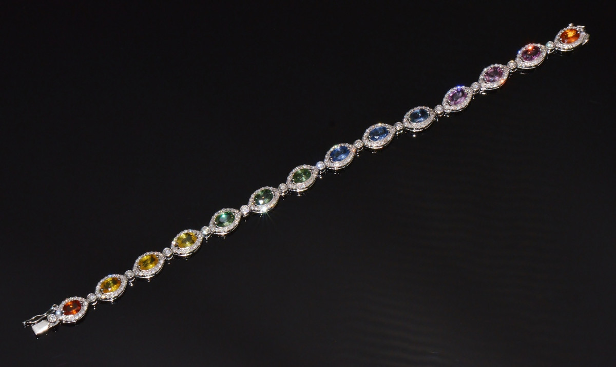 Certified Natural 11.32CTS VS F Diamond Multi-Color Sapphire 18K Solid Gold Tennis Stacking Bracelet