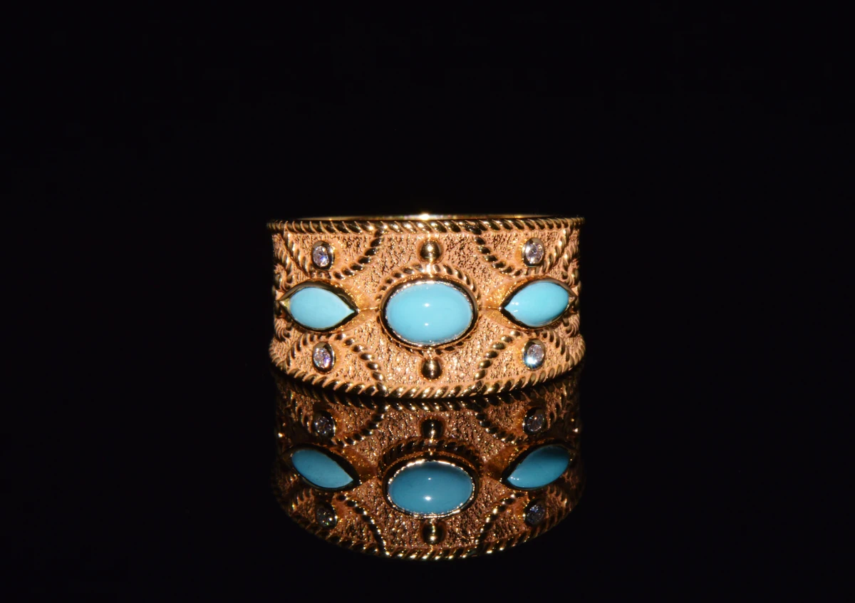 Gorgeous Natural Diamond Persian Turquoise 18K Solid Gold Byzantine Beaded Greek Ring Stacking Band