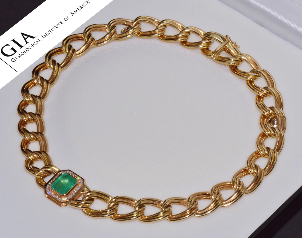 GIA Certified Natural 6.91Cts Colombian Emerald & Diamond 14K Italian Gold Statement Necklace