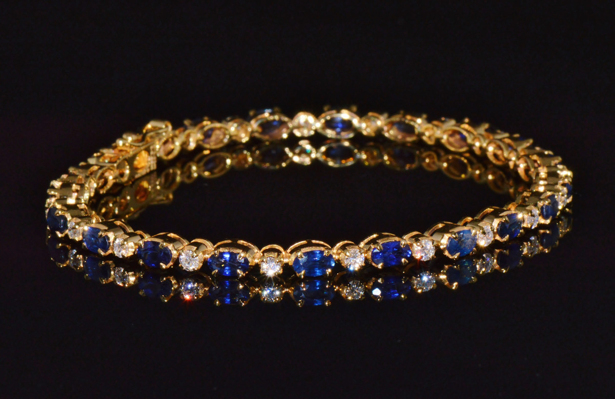 Certified Natural 7.09CT Blue Sapphire & Diamond Tennis Stacking Bracelet in Solid 18K Yellow Gold