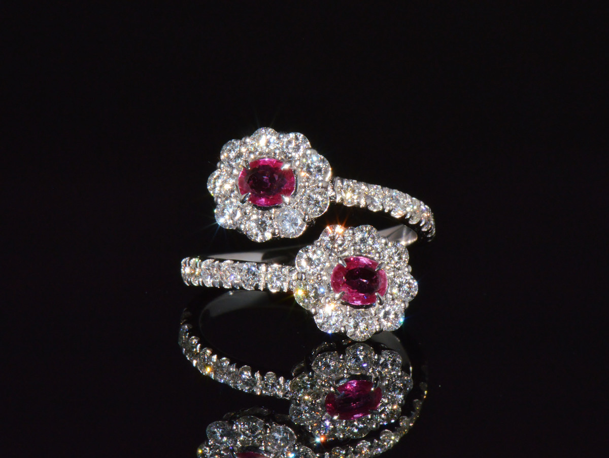 Certified Natural 2.08CTS Ruby & Diamond Floral Bypass Halo Ring in Solid 18K White Gold