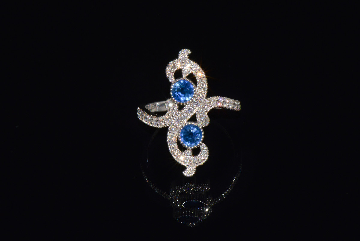 Certified Natural 1.40CTS Diamond & Sapphire 18K Solid White Gold Filigree Cocktail Ring