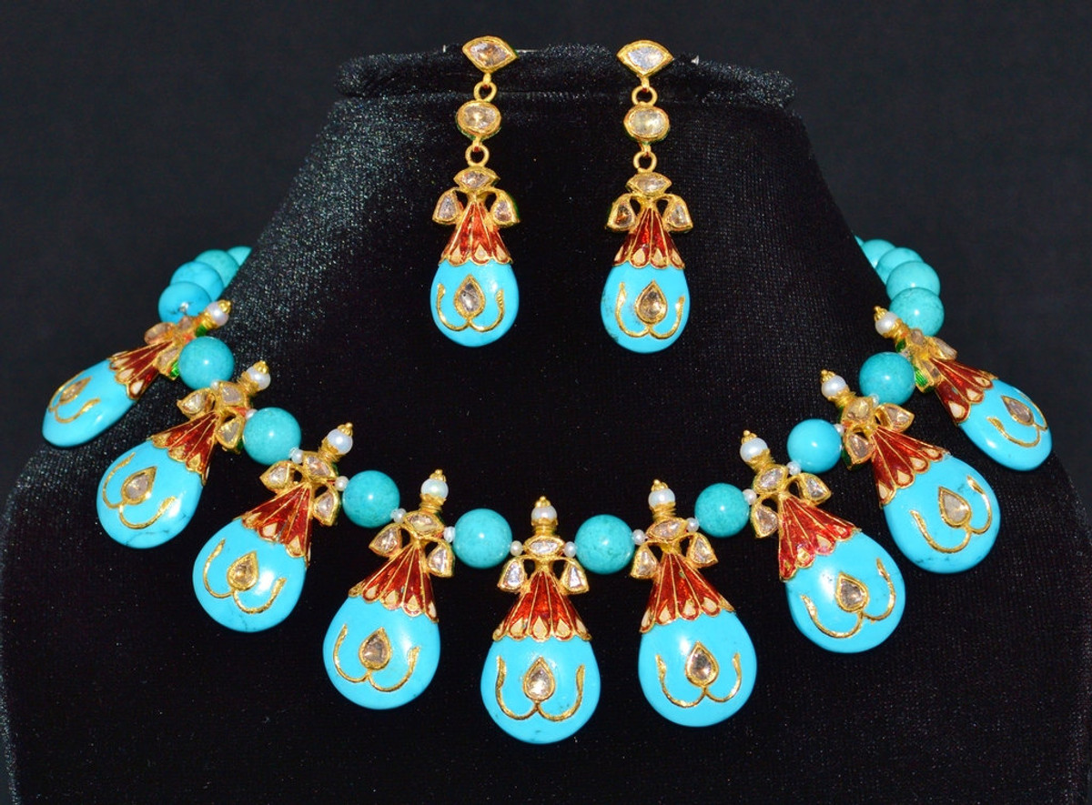 Fish-hook Gold Earrings Set with Pearls & Turquoises GER 042