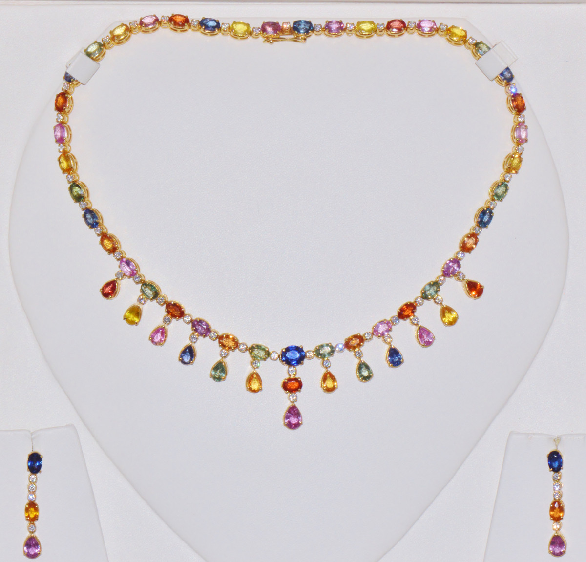 Certified Natural 41.57CTS VS F Diamond Multi Color Sapphire 18K Solid Gold Necklace Earrings Set