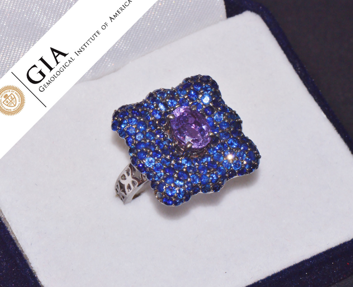 GIA Certified Natural 6Cts Purple And Blue Sapphire Solid 18K Black Gold Artistic Floral Ring