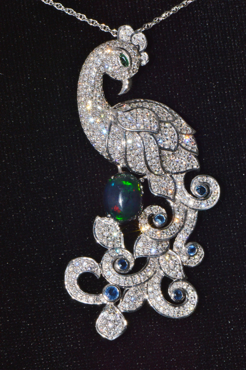 Certified Natural 7.26Cts VS F Diamond Opal Sapphire Emerald 18K Solid Gold Peacock Pendant Brooch