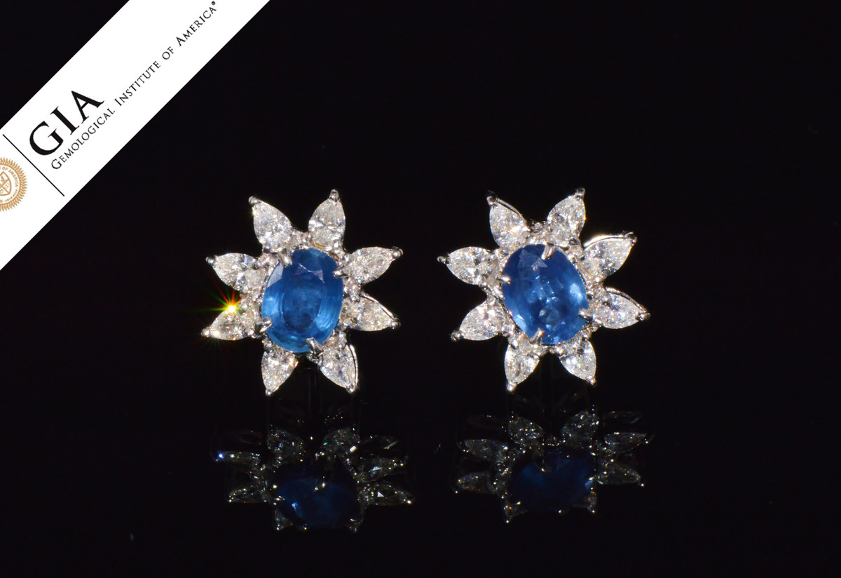 GIA Certified Natural 5.11CTS VS F Diamond Blue Sapphire 18K Solid Gold Cluster Floral Earrings