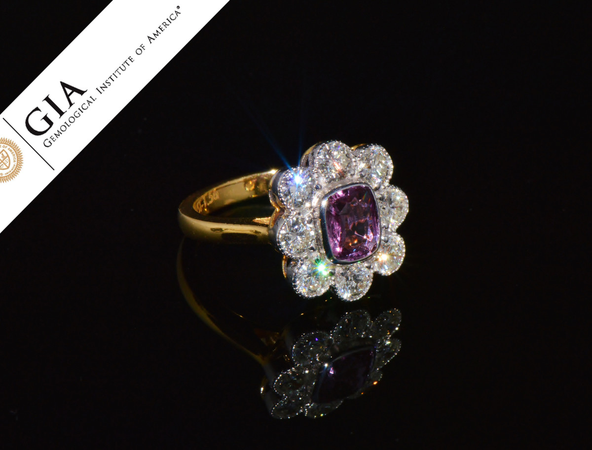 GIA Natural 3.48CTS VS F Diamond Pink Purple Sapphire 18K Gold Dinner Halo Ring