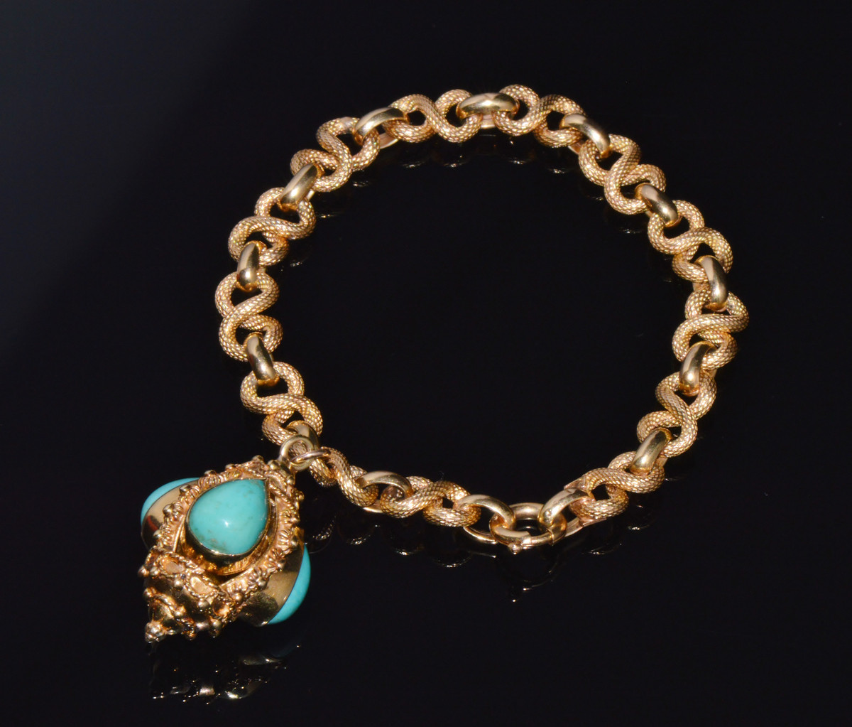 Estate Italian Etruscan Revival Solid 18K Gold Turquoise Charm Fob Bracelet 