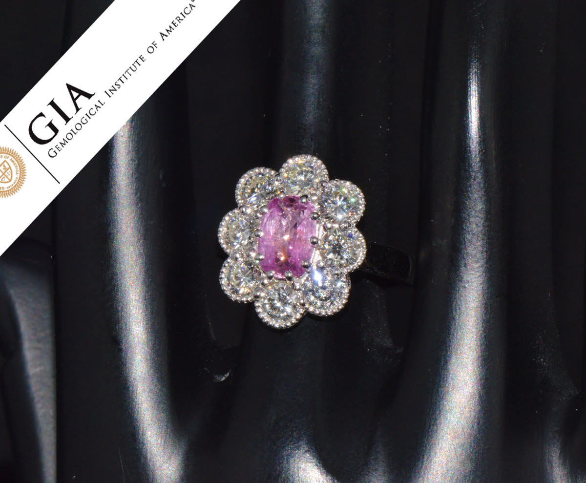 GIA Natural 3.7CTS VS F Diamond Pink Sapphire 18K Gold Dinner Halo Ring