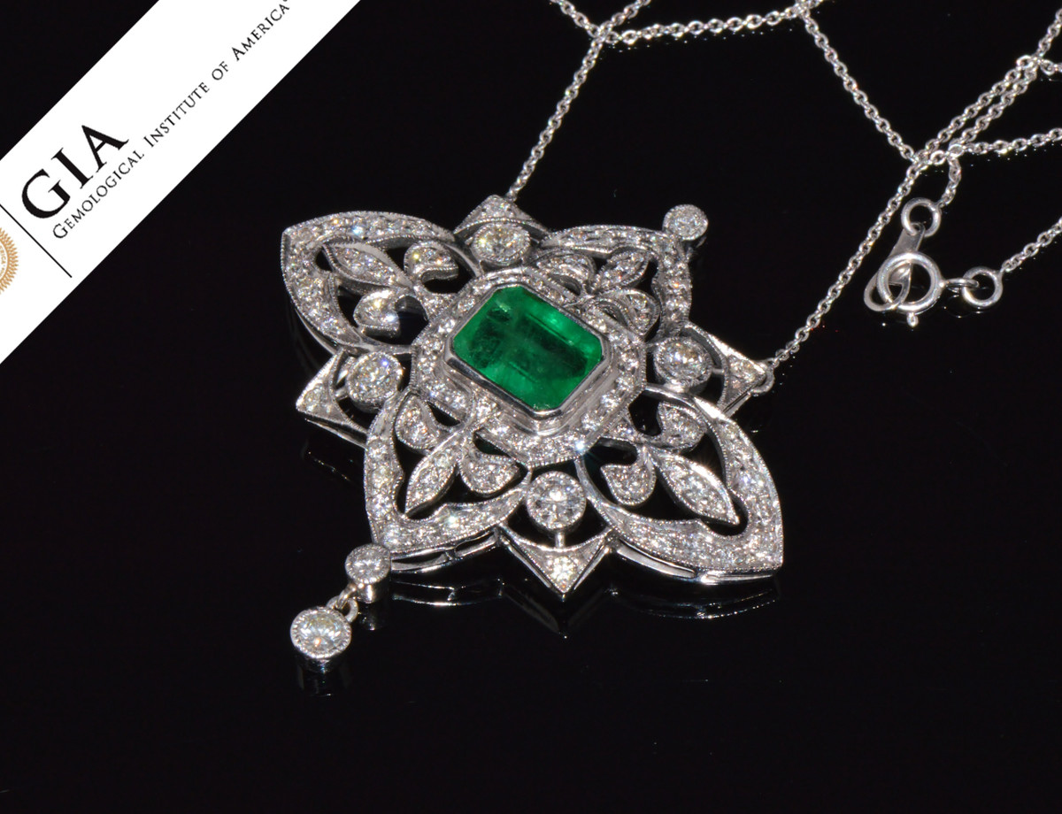 Vintage Art Deco GIA Natural 6.91Cts VS F Diamond Emerald 18K Solid Gold 950 Platinum Pendant Necklace