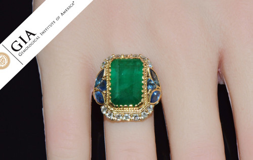 GIA Certified Natural 12.80CTS Emerald Sapphire Diamond 18K Solid Gold Cocktail Ring