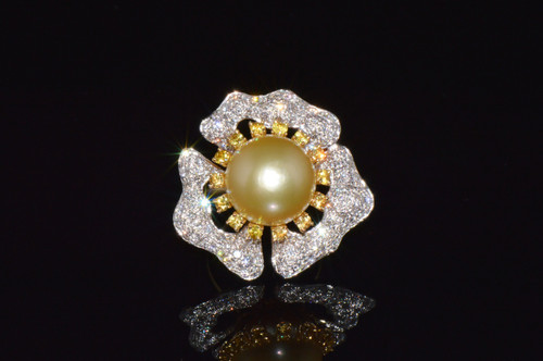 Certified Natural 26Cts VS F Diamond 15MM South Sea Pearl Sapphire 18K Solid Gold Floral Cluster Ring
