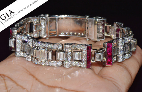 Waslikoff & Sons GIA Certified Natural 21.5Cts Burma Ruby Diamond Platinum Art Deco Bracelet