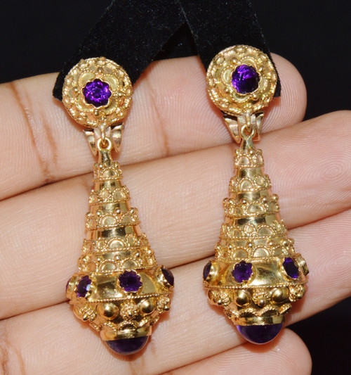 Gorgeous Italian Etruscan Revival 18K 750 Solid Gold Amethyst Dangle Chandelier Earrings