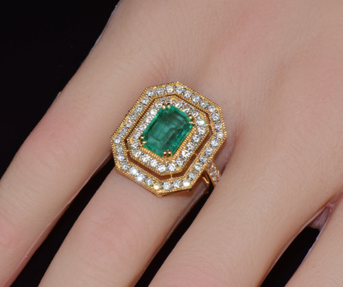 Certified Natural 3.4CTS VS F Diamond Emerald 18K Solid Gold Cocktail Milgrain Ring