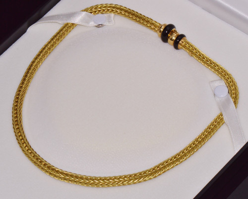 18K Solid Gold Italian Woven Braided Necklace with Black Enamel Accents – 49.1g