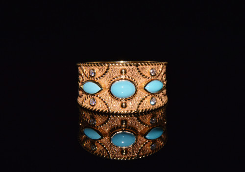 Gorgeous Natural Diamond Persian Turquoise 18K Solid Gold Byzantine Beaded Greek Ring Stacking Band