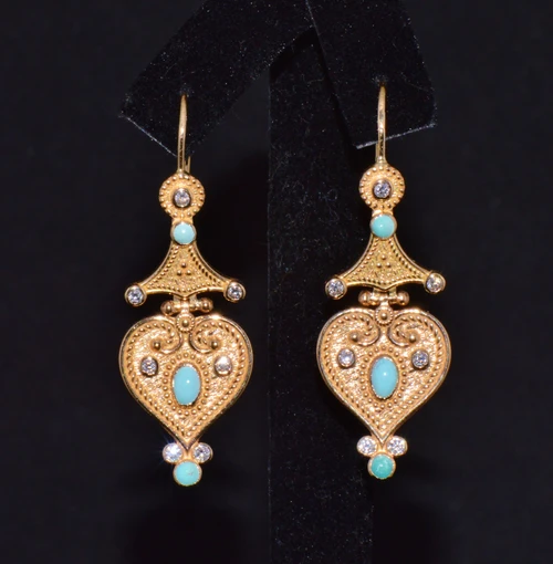 Gorgeous Natural Diamond Turquoise 18K Solid Gold Byzantine Beaded Greek Dangle Earrings
