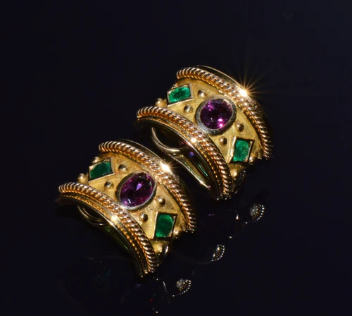 Vintage Italian 18K Solid Gold Rhodolite Garnet & Emerald Etruscan Revival Earrings