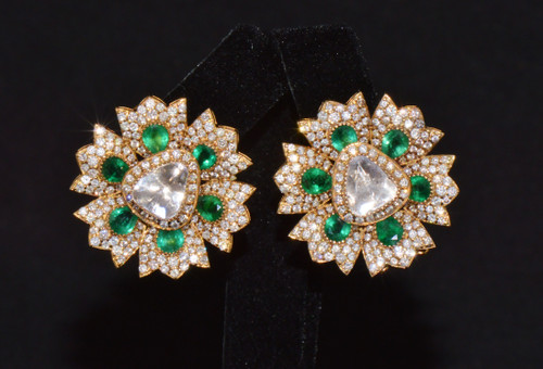 Estate Natural 6.40CTS Diamond & Emerald Solid 18K Gold Floral Earrings