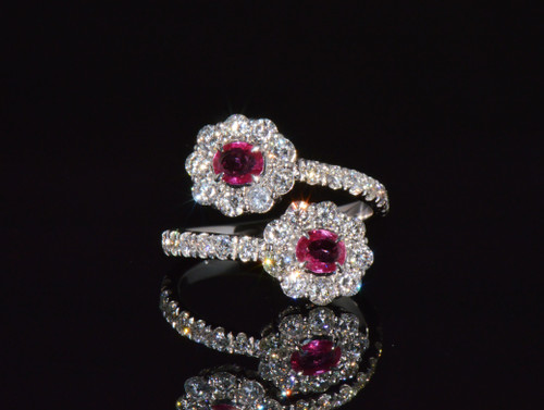 Certified Natural 2.08CTS Ruby & Diamond Floral Bypass Halo Ring in Solid 18K White Gold