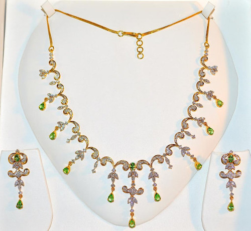 Certified Natural 11CTS Natural VS G Diamond Tsavorite Green Garnet 18K Solid Gold Necklace Earrings Set