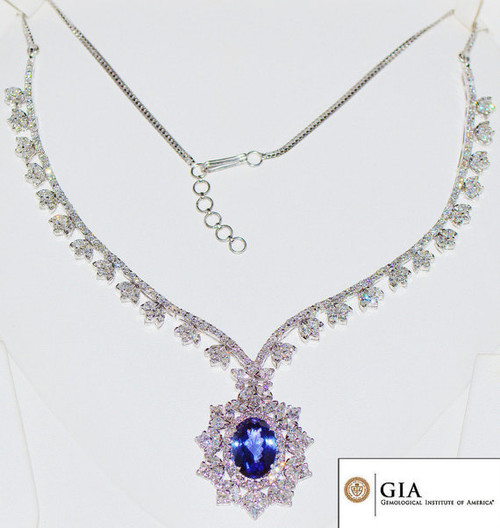 GIA Certified 26.9CTS VS F Diamond Tanzanite 18K Solid Gold Collar Riviera Pendant Necklace