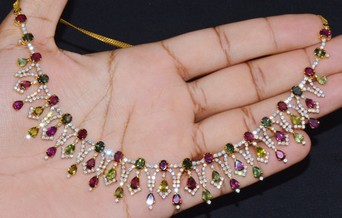 Certified Natural 26.2CTS VS G Diamond Tourmaline 18K Solid Gold Cocktail Necklace