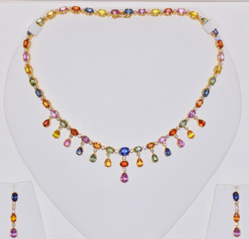 Certified Natural 41.57CTS VS F Diamond Multi Color Sapphire 18K Solid Gold Necklace Earrings Set