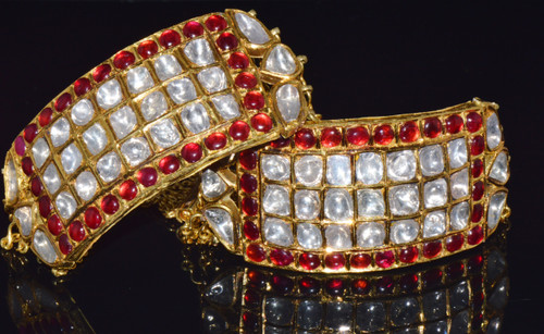 Estate 22K 18K Solid Gold Natural Ruby And Diamond Enamel Bangle Multi Chains Bracelet