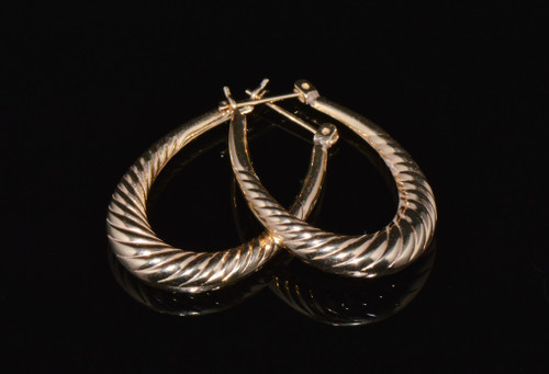 Gorgeous 14K Solid Gold Ribbed Hoop Dangle Earrings