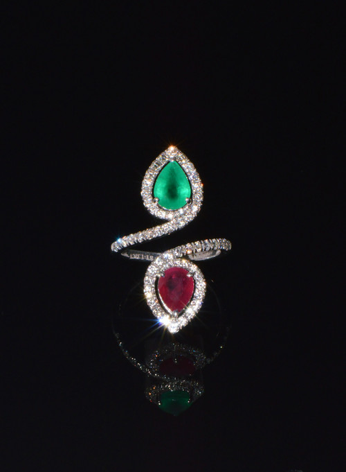 Certified Natural 3.80Cts Emerald Ruby Diamond 18K Solid Gold Bypass Ring