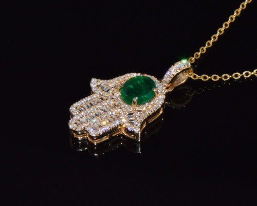Certified Natural 2.97Cts VS F Diamond Emerald 18K 750 Solid Gold Hamsa Hand Evil Eye Pendant Necklace