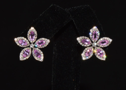 Certified Natural 2.36CTS VS F Diamond Pink Sapphire 18K Solid Gold Floral Earrings