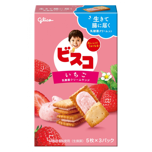 GLICO Bisco Strawberry Cream Biscuits 固力果 草莓乳酸菌忌廉夾心兒童餅 5pcs x 3packs