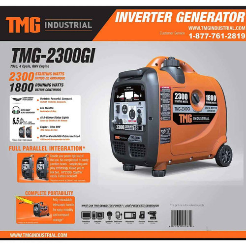 2300 Watt Digital Inverter Gasoline Generator, 79 cc OHV Engine, 6.5 Hour Run Time, 120/240 VAC, Telescopic Pull Handle, Parallel Cable Kit, TMG-2300GI TMG Industrial