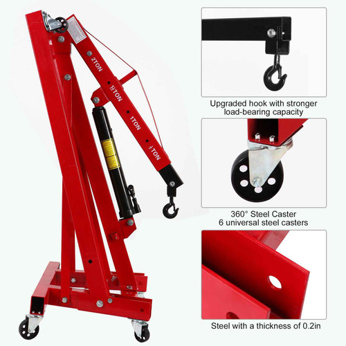 Engine Hoist 2 Ton 4400 lb Folding Cherry Picker Engine Shop Crane Heavy Duty Hydraulic Tilting Engine Lift with 6 Iron Caster Wheels Telescopic Boom Hitch Durvy Supply