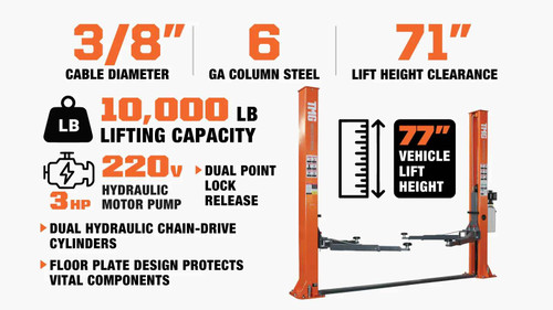 10,000-lb Two Post Floor Plate Auto Lift, Symmetric Arms, 77" Lift Height, Dual-Point Lock Release, TMG-TPL45 TMG Industrial