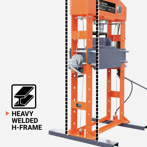 75 Ton Capacity Hydraulic Shop Press, Heavy Duty Pressing, Fully Welded H-Frame, Air & Manual Dual Operation, TMG-SP75 TMG Industrial