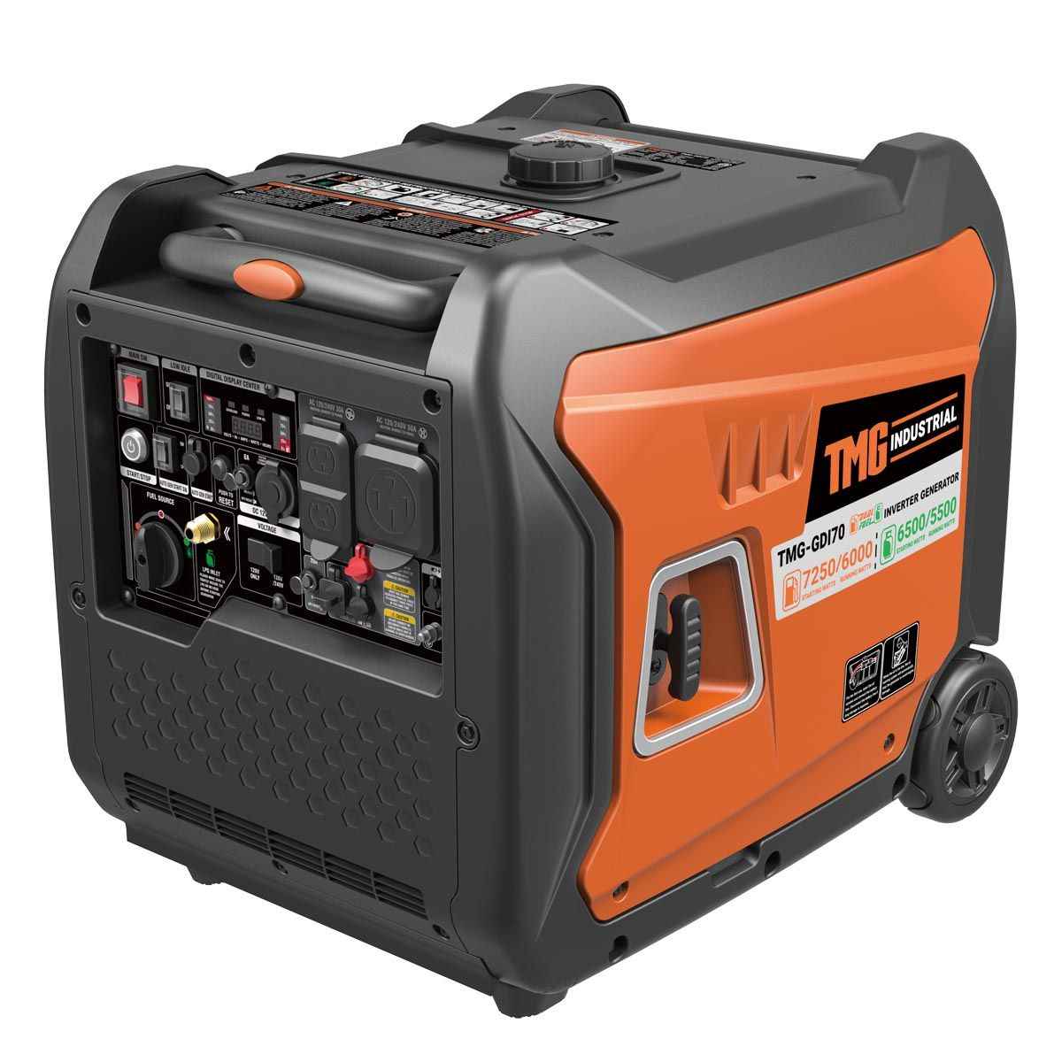 7250 Watt Digital Inverter Hybrid Portable Generator, Dual Fuel Capability (Gas/LPG), 6.5hrs 50% Load Run Time, CETL, ETL Certified For Canada/US, EPA Emissions Compliance, TMG-GDI70 TMG Industrial