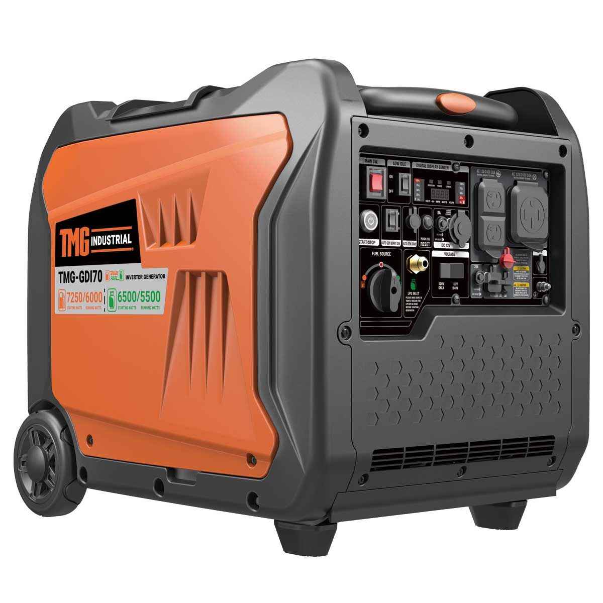 7250 Watt Digital Inverter Hybrid Portable Generator, Dual Fuel Capability (Gas/LPG), 6.5hrs 50% Load Run Time, CETL, ETL Certified For Canada/US, EPA Emissions Compliance, TMG-GDI70 TMG Industrial
