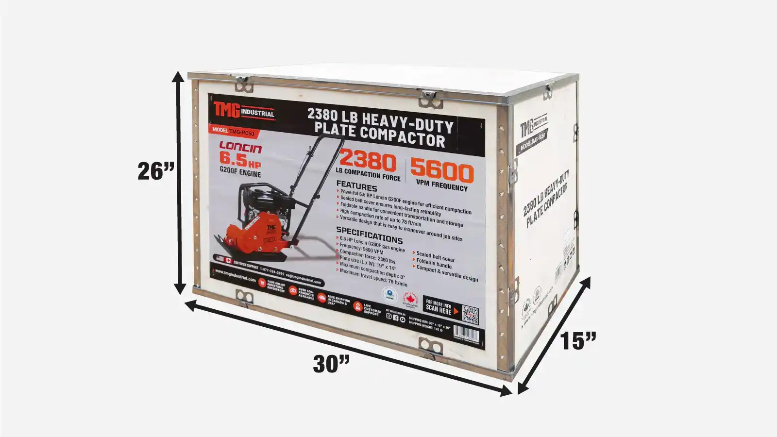 2380 Lbs Heavy-Duty Plate Compactor, 6.5 HP Loncin G200F Engine, 8" Compaction Depth, TMG-PC60 TMG Industrial