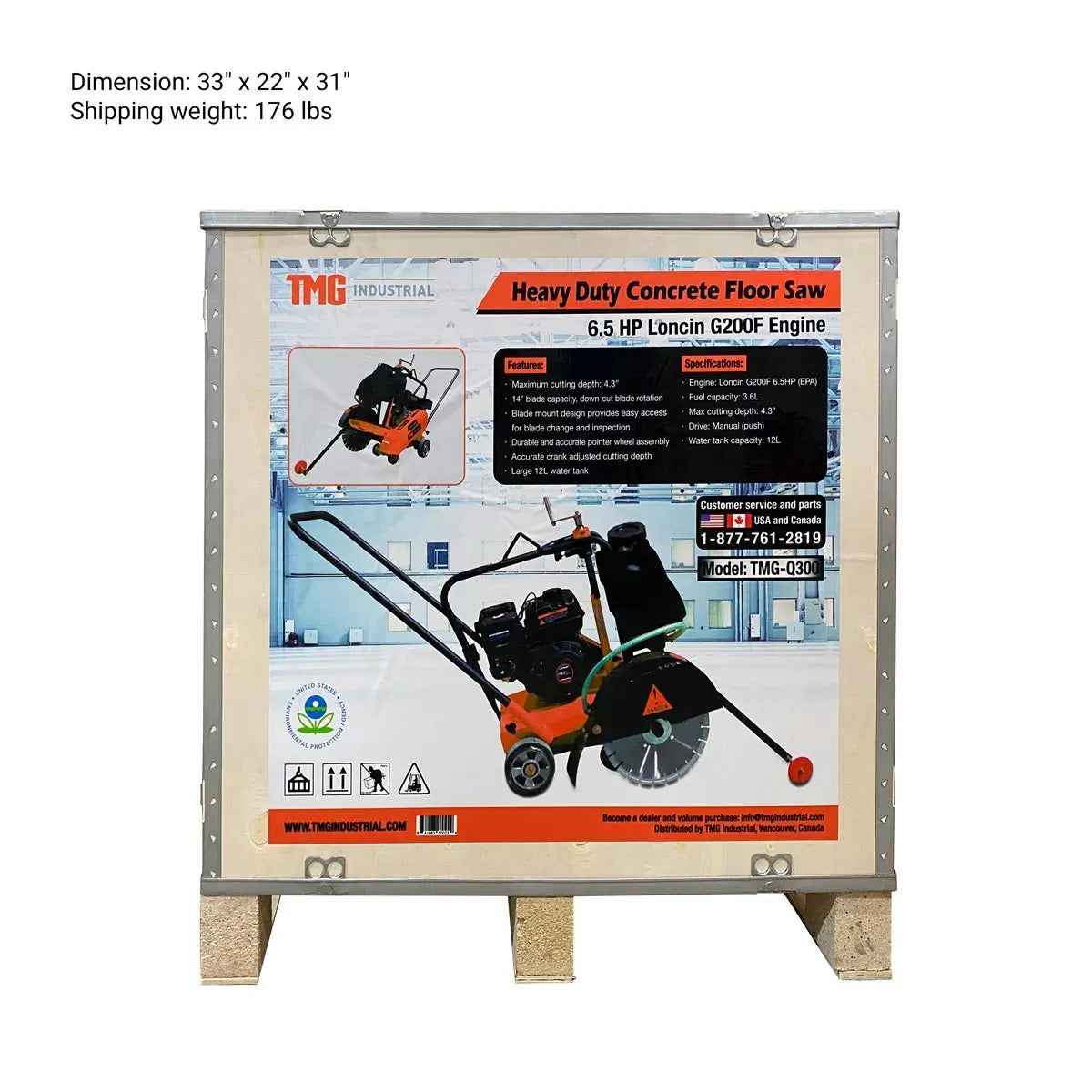 TMG Industrial TMG-Q300 — Walk-Behind Concrete Floor Saw, 6.5 HP Loncin G200F, 14" Blade, 3" Max Cut Depth TMG Industrial