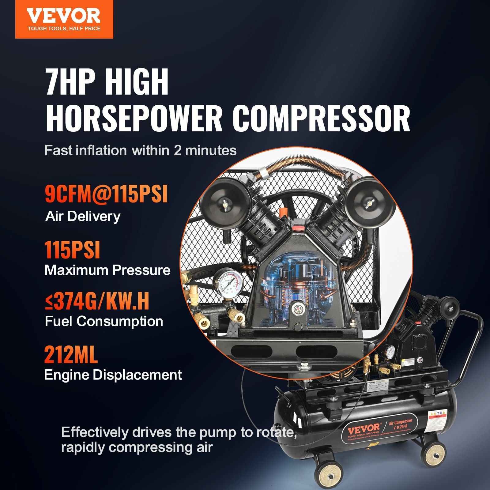 VEVOR 7HP Gas Powered Air Compressor – 13.2 Gallon Horizontal Vevor